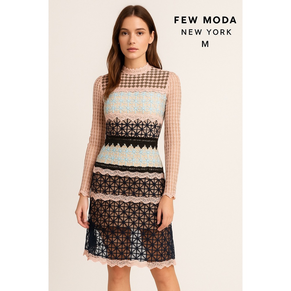 FEW MODA NEW‎ YORK Lace Crochet Tiered Mini Dress Pink Blue Black M
